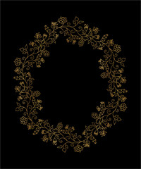 Decorative gold wreath with floral motifs. Summer gold frame with flowers and leaves. Vector isolated illustration
