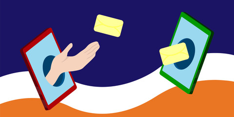 Virtual communication online. Hand sent new message from mobile phone. Internet Chat. Remote conversation. Sending and receiving SMS messages. Mobile phone screen. Vector flat illustration banner.