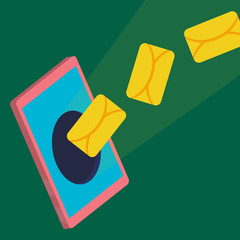 Virtual communication online. New message. Luminous screen of a mobile phone. Internet Chat. Remote conversation. Spam mailing. Sending and receiving SMS messages. Vector flat illustration banner.