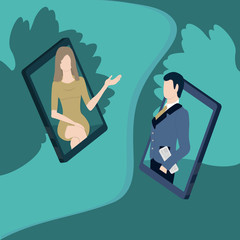 Video call conference. Online business meeting from home. Flat vector illustration. Social distance and quarantine during coronavirus. Beautiful woman chatting with man with newspaper. Mobile phone.