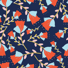 Dark blue with whimsical red flowers with light blue petals seamless pattern background design.