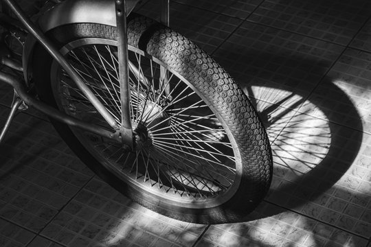 Top View Old Bicycle Wheel Texture Vintage Style,whole Front Black And White Memento Memory Of Old Time Bike Photo