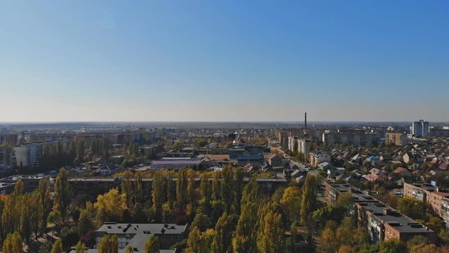 Panoramic view on a small city at above in the autumn Uzhhorod Ukraine Europe