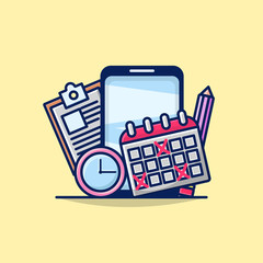 Illustration Vector Graphic of Mobile Planner Concept with Phone, Calendar, Pencil, Clock and Document Icon.. Goods for Business Posters and Presentations