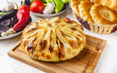 Pilaf in pastry, pilaf with lamb, oriental traditional dish. East lunch.