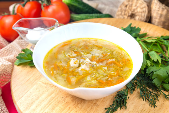 Chicken soup with vegetables, a traditional dish for lunch
