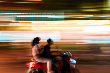 The busy night traffic in the centre of Ubud. Bali, Indonesia.
