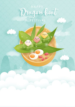 Chinese Dragon boat festival with rice dumplings, vector illustration.