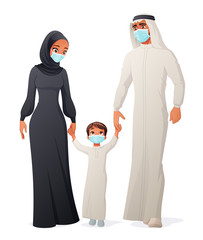 Arab family wearing in protective medical masks holding hands and walking. Vector illustration.