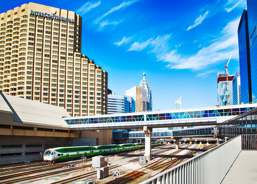 Toronto, Ontario, Canada - May 3, 2020: Toronto Union station terminal that service Go Trains, VIA Rail Canada, UP Airport Express and freight trains