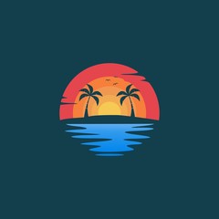 Beach sunset landscape logo design vector illustration	