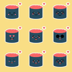 Cute Kawaii Sushi roll with caviar. Japanese traditional meal. Cartoon manga style. Funny anime character with happy face. Flat design. Trendy Vector illustration. Logo template
