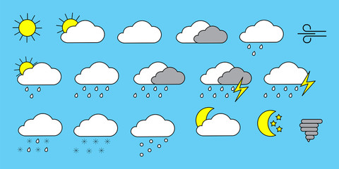 Obraz premium Cloud, rain, sunshine weather on one vector icon. Image of weather forecast, lightning, storm, snow, hurricane. Template for different weather conditions. Stock Photo.