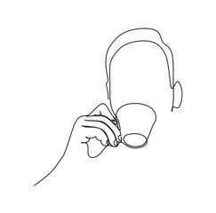 A man drinking a cup of coffee or tea. Continuous one line drawing vector illustration 
