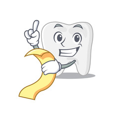Tooth mascot character style with a menu on his hand