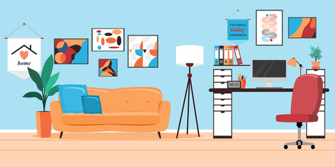 Interior of the living room. Vector banner. Design of a cozy room with sofa, window, decor accessories and work desk. Vector illustration about interior