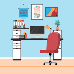 Interior of the working room. Vector banner. Design of a cozy room with work desk and decor accessories. Vector illustration about interior