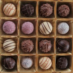 chocolate candy set. Round chocolate and fruit truffles. Box of  chocolates close-up .assorted chocolate sweets.Chocolate candies set in an open box. top view. sweet dessert. 