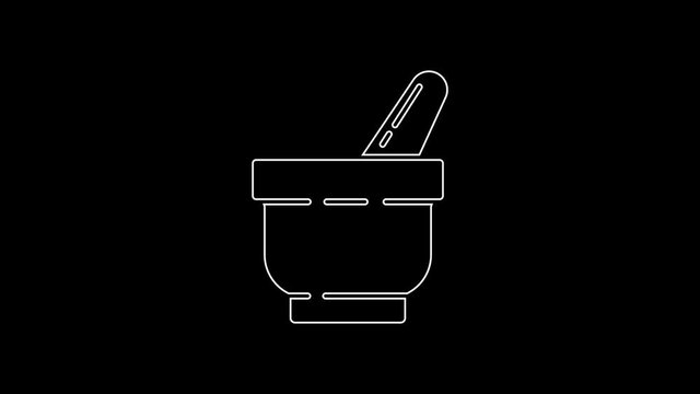 White line Mortar and pestle icon isolated on black background. 4K Video motion graphic animation