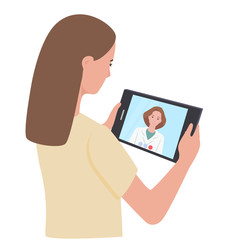Online treatment to the doctor, consultation, video call to the hospital. The girl is holding a tablet, communicating with the physician. Flat vector illustration.