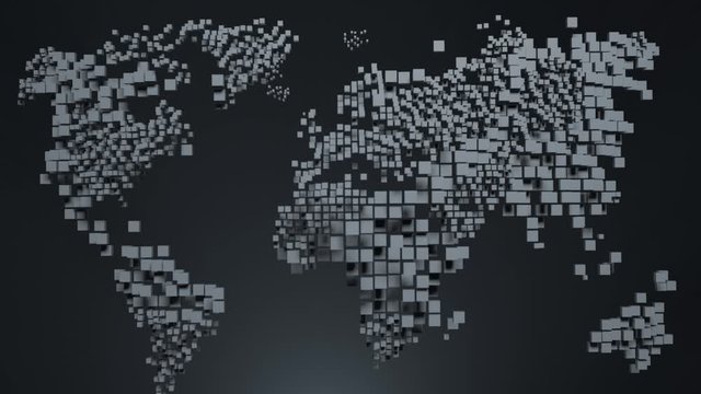 3d animation. the pixel map of the world is falling apart and going