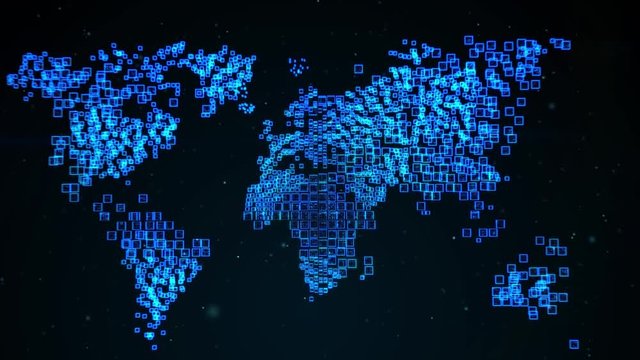 animation. the effect of many particles gathering in a map of the world. with holographic glow