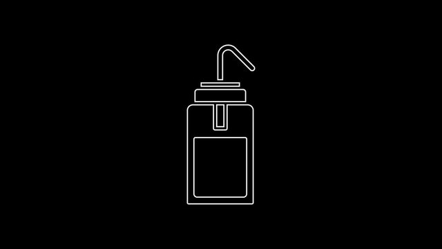 White line Laboratory wash bottle for chemistry and science lab icon isolated on black background. Equipment for spraying water and solvents. 4K Video motion graphic animation