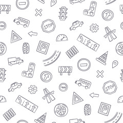Doodle seamless pattern with cars, road signs, markings and traffic lights. Children wallpaper. Hand drawn vector illustration on white background