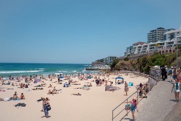 Busy Bondi Beach on a sunny day. Sydney, Australia.