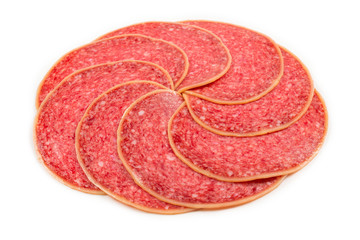 Salami slices isolated on white background.