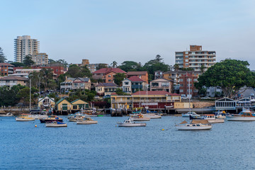 View of Manly from the ferry approaching the wharf. Sydney, NSW, Australia.