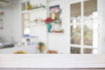 Wood desk space and blurred of kitchen background. for product display montage. business presentation.