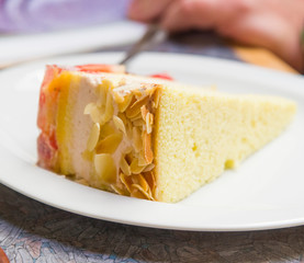 strawberry cake and sponge cake and almonds