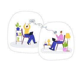 Psychological servise online - upset man calling to psychologist. Costumer on therapist on individual web therapy session at home, helpful consultation or personal assistance. Isolated vector