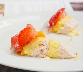 strawberry cake and sponge cake and almonds