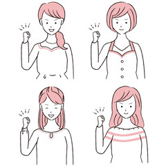 手描き1color　ガッツポーズの女性4人