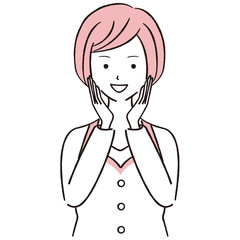 手描き1color 　頬に手を当てて喜ぶエプロンを着た女性　ボブヘア