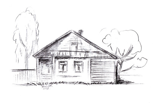 Pencil drawing of a wooden house with windows and a side entrance