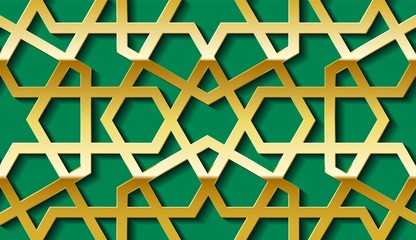 Arabic seamless golden pattern with classic islamic culture ornament. Green background with shadow.