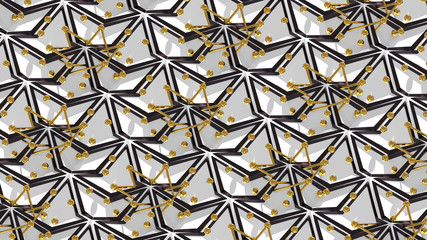 Abstract 3D background with fantasy luxury pattern of black and white triangular polygons and golden spheres. 3D illustration