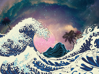 Retro big waves and palms