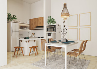open kitchen with dinning area with blank frame