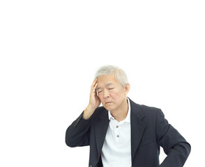 Covid-19 stress Asian senior elder businessman in white background