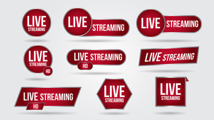Set of live video streaming icons logo tv news banner interface.Red symbols lower third template broadcast.Red set of media labels on transparent background.