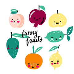 Cute and funny fruit set. Sketch style vector collection.