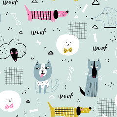 Childish seamless pattern with cute dogs. Creative childish texture for fabric, wrapping, textile, wallpaper, apparel. Vector illustration. Blue background.