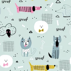 Foto op Plexiglas Honden Kinderachtig naadloos patroon met schattige honden. Creatieve kinderachtige textuur voor stof, verpakking, textiel, behang, kleding. Vector illustratie. Blauwe achtergrond.