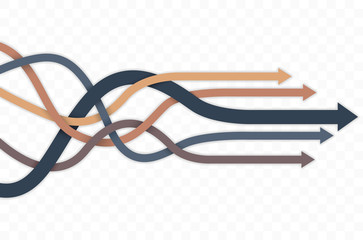 Group of intertwined multicolored arrows on transparent background