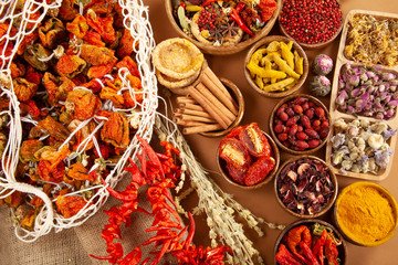 Various dried medicinal herbs. Natural Herbal Medicine Selection.