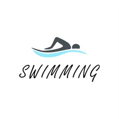 Blue swimming logo with abstract man silhouette.